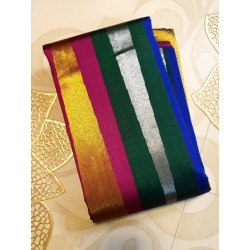 2G Pure Kanjivaram Silk Saree Gold Tissue with Multicolour Stripes & Pink Border | Prahla Silks