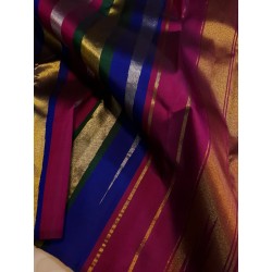 2G Pure Kanjivaram Silk Saree Gold Tissue with Multicolour Stripes & Pink Border | Prahla Silks