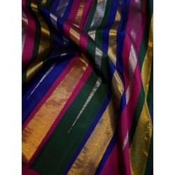 2G Pure Kanjivaram Silk Saree Gold Tissue with Multicolour Stripes & Pink Border | Prahla Silks