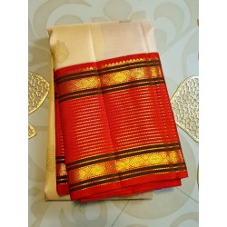 2G Pure Kanjivaram Silk Saree Off White with Red Contrast Border & Gold Elephant Butta | Prahla Silks