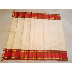 2G Pure Kanjivaram Silk Saree Off White with Red Contrast Border & Gold Elephant Butta | Prahla Silks
