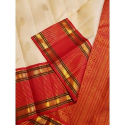 2G Pure Kanjivaram Silk Saree Off White with Red Contrast Border & Gold Elephant Butta | Prahla Silks
