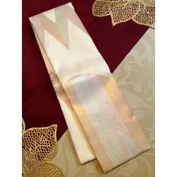 2G Pure Kanjivaram Silk Saree Off White with Rose Pink Zari Border & Geometric Temple Design | Prahla Silks