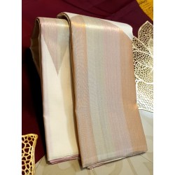 2G Pure Kanjivaram Silk Saree Off White with Rose Pink Zari Border & Geometric Temple Design | Prahla Silks