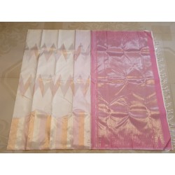 2G Pure Kanjivaram Silk Saree Off White with Rose Pink Zari Border & Geometric Temple Design | Prahla Silks