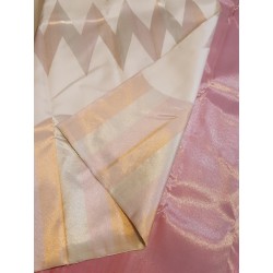 2G Pure Kanjivaram Silk Saree Off White with Rose Pink Zari Border & Geometric Temple Design | Prahla Silks