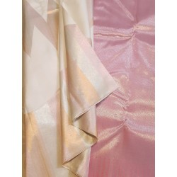 2G Pure Kanjivaram Silk Saree Off White with Rose Pink Zari Border & Geometric Temple Design | Prahla Silks