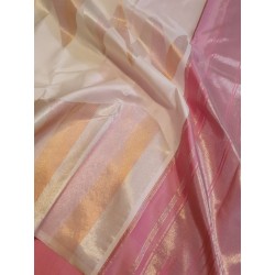 2G Pure Kanjivaram Silk Saree Off White with Rose Pink Zari Border & Geometric Temple Design | Prahla Silks