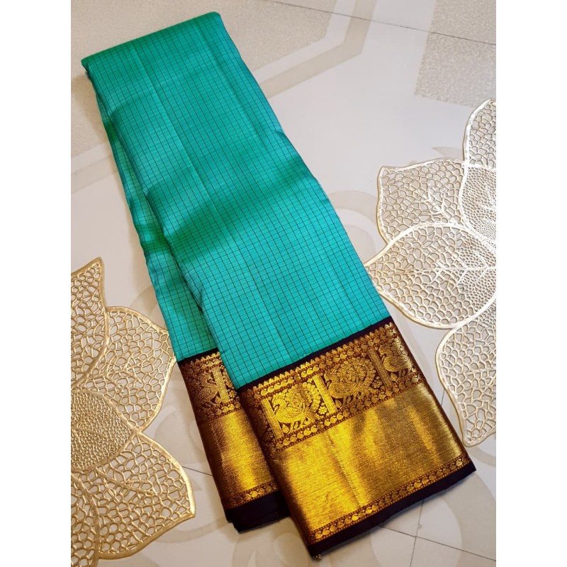 2G Pure Kanjivaram Silk Saree Teal Green with Deep Maroon Contrast & Gold Zari Peacock Border | Prahla Silks
