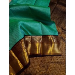 2G Pure Kanjivaram Silk Saree Teal Green with Deep Maroon Contrast & Gold Zari Peacock Border | Prahla Silks