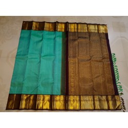 2G Pure Kanjivaram Silk Saree Teal Green with Deep Maroon Contrast & Gold Zari Peacock Border | Prahla Silks