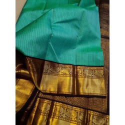 2G Pure Kanjivaram Silk Saree Teal Green with Deep Maroon Contrast & Gold Zari Peacock Border | Prahla Silks