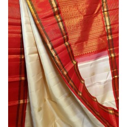 2G Pure Kanjivaram Silk Saree Off White with Red Contrast Border & Gold Elephant Butta | Prahla Silks