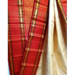 2G Pure Kanjivaram Silk Saree Off White with Red Contrast Border & Gold Elephant Butta | Prahla Silks