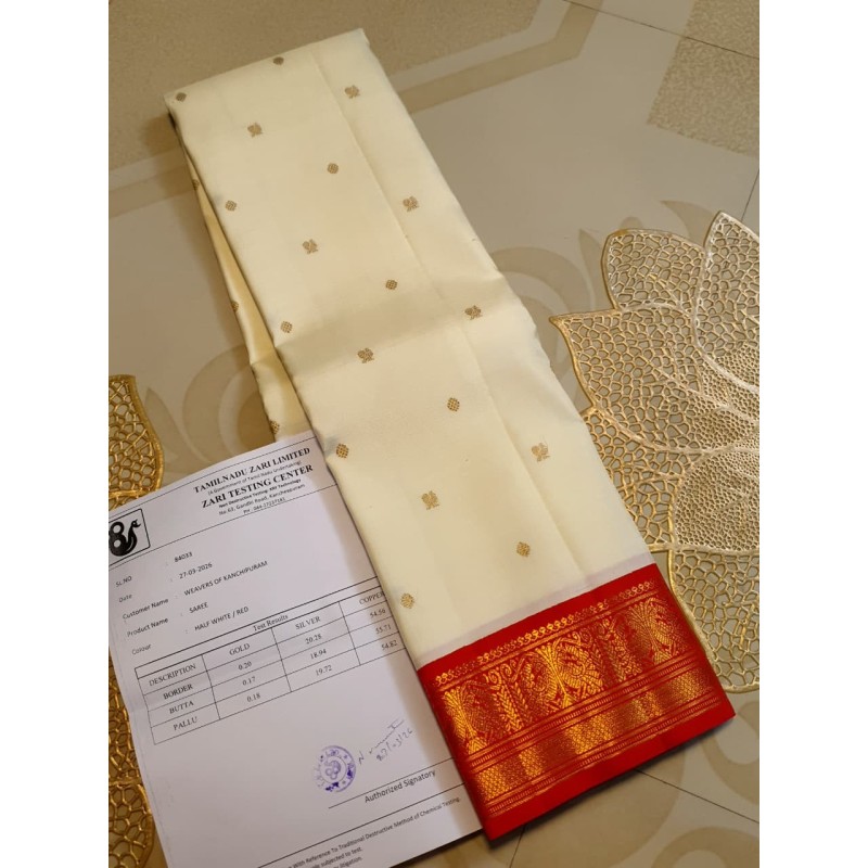 3G Pure Kanjivaram Silk Saree Off White with Chilli Red Peacock Zari Border & Gold Peacock Buttas | Prahla Silks