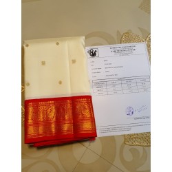 3G Pure Kanjivaram Silk Saree Off White with Chilli Red Peacock Zari Border & Gold Peacock Buttas | Prahla Silks