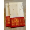 3G Pure Kanjivaram Silk Saree Off White with Chilli Red Peacock Zari Border & Gold Peacock Buttas | Prahla Silks