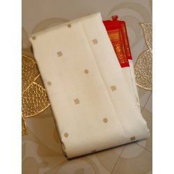 3G Pure Kanjivaram Silk Saree Off White with Chilli Red Peacock Zari Border & Gold Peacock Buttas | Prahla Silks