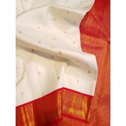 3G Pure Kanjivaram Silk Saree Off White with Chilli Red Peacock Zari Border & Gold Peacock Buttas | Prahla Silks