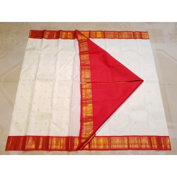 3G Pure Kanjivaram Silk Saree Off White with Chilli Red Peacock Zari Border & Gold Peacock Buttas | Prahla Silks