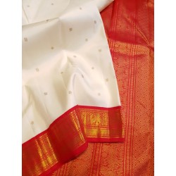 3G Pure Kanjivaram Silk Saree Off White with Chilli Red Peacock Zari Border & Gold Peacock Buttas | Prahla Silks