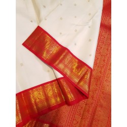 3G Pure Kanjivaram Silk Saree Off White with Chilli Red Peacock Zari Border & Gold Peacock Buttas | Prahla Silks