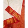 3G Pure Kanjivaram Silk Saree Off White with Chilli Red Peacock Zari Border & Gold Peacock Buttas | Prahla Silks