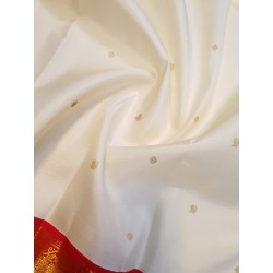 3G Pure Kanjivaram Silk Saree Off White with Chilli Red Peacock Zari Border & Gold Peacock Buttas | Prahla Silks