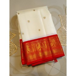 3G Pure Kanjivaram Silk Saree Off White with Chilli Red Peacock Zari Border & Gold Peacock Buttas | Prahla Silks
