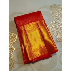 3G Pure Kanjivaram Silk Saree Vermilion Red with Gold Zari Brocade & Rich Pallu | Prahla Silks