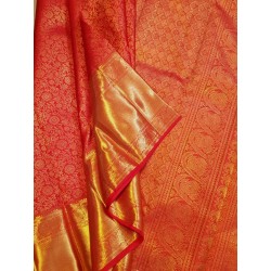 3G Pure Kanjivaram Silk Saree Vermilion Red with Gold Zari Brocade & Rich Pallu | Prahla Silks