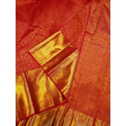 3G Pure Kanjivaram Silk Saree Vermilion Red with Gold Zari Brocade & Rich Pallu | Prahla Silks