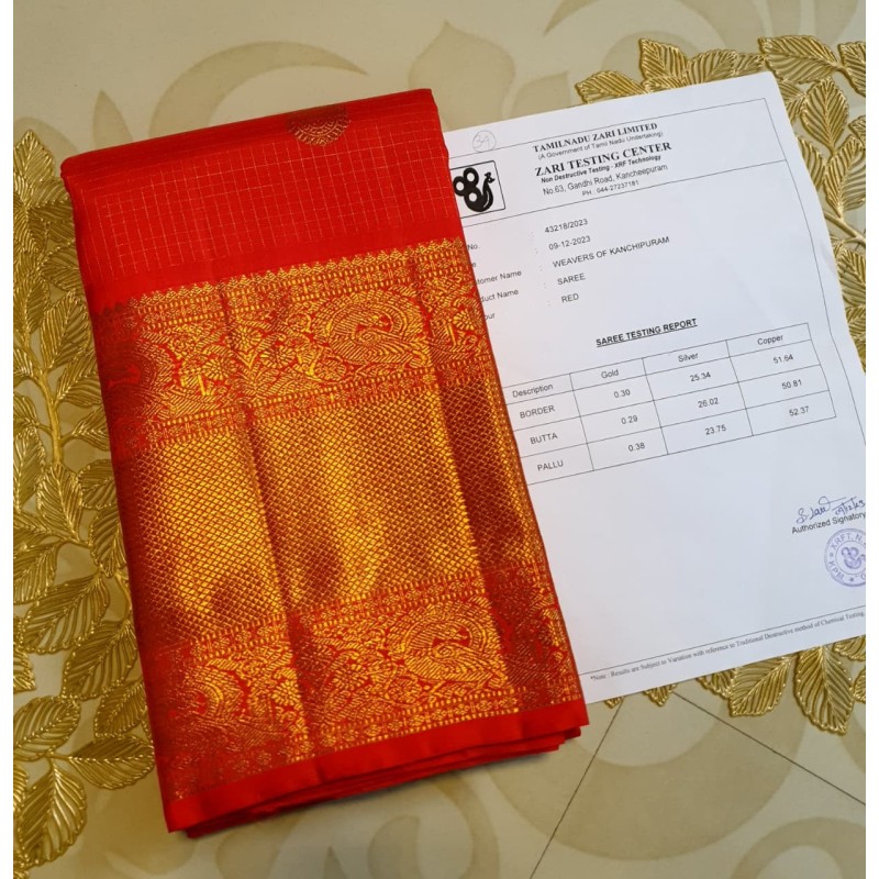 4G Pure Kanjivaram Silk Saree Red with Gold Zari Butta Checks & Rich Peacock Border | Prahla Silks