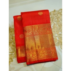 4G Pure Kanjivaram Silk Saree Red with Gold Zari Butta Checks & Rich Peacock Border | Prahla Silks