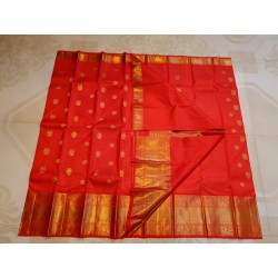 4G Pure Kanjivaram Silk Saree Red with Gold Zari Butta Checks & Rich Peacock Border | Prahla Silks