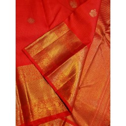 4G Pure Kanjivaram Silk Saree Red with Gold Zari Butta Checks & Rich Peacock Border | Prahla Silks