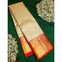 Tissue Kanjivaram Silk Saree with silver zari with Golden chilli red Border