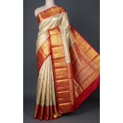 Tissue Kanjivaram Silk Saree with silver zari with Golden chilli red Border