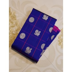 Royal Blue Borderless Kanchivaram with Mayil Chakram Buttas and Rani Pink Silver Zari Pallu