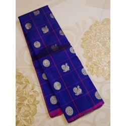 Royal Blue Borderless Kanchivaram with Mayil Chakram Buttas and Rani Pink Silver Zari Pallu