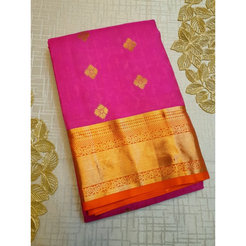 Pure Kanchi Silk Saree in pink with mustard Border with Gold Zari