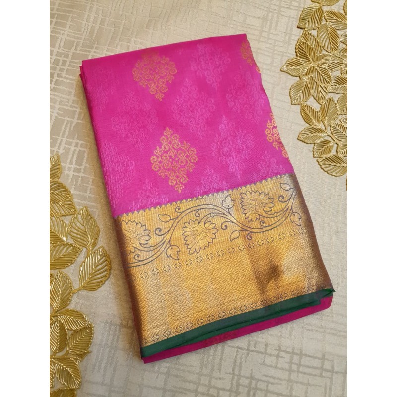 Pure Kanchi Silk Saree in pink with Green Border with Gold Zari