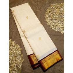 Pure Korvai Kanjivaram Silk Saree - White with Dark Maroon