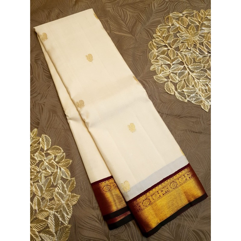 Pure Korvai Kanjivaram Silk Saree - White with Dark Maroon