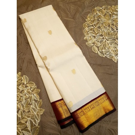 Pure Korvai Kanjivaram Silk Saree - White with Dark Maroon