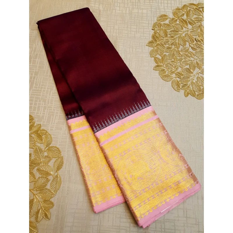 Pure Kanjivaram Silk Saree  - Maroon with Pink