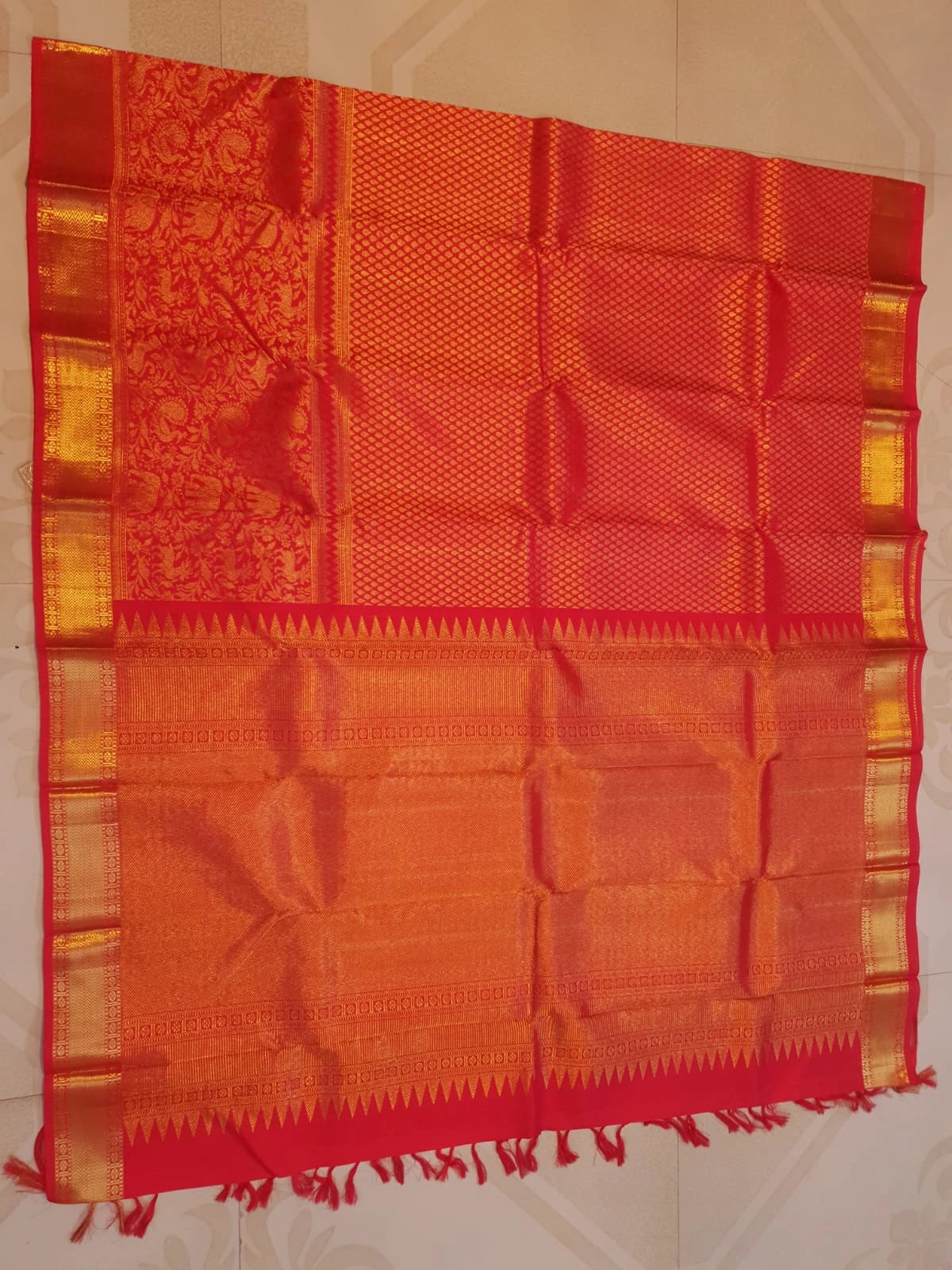 2G Pure Bridal Kanjivaram Silk Saree with chilli Red | Silkmark Certified