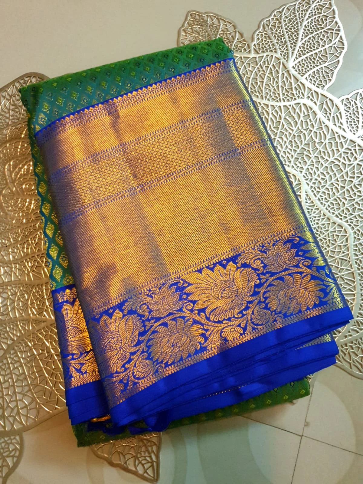 2G Pure  Kanjivaram Bridal Silk Saree with green & peacock blue| Silkmark Certified