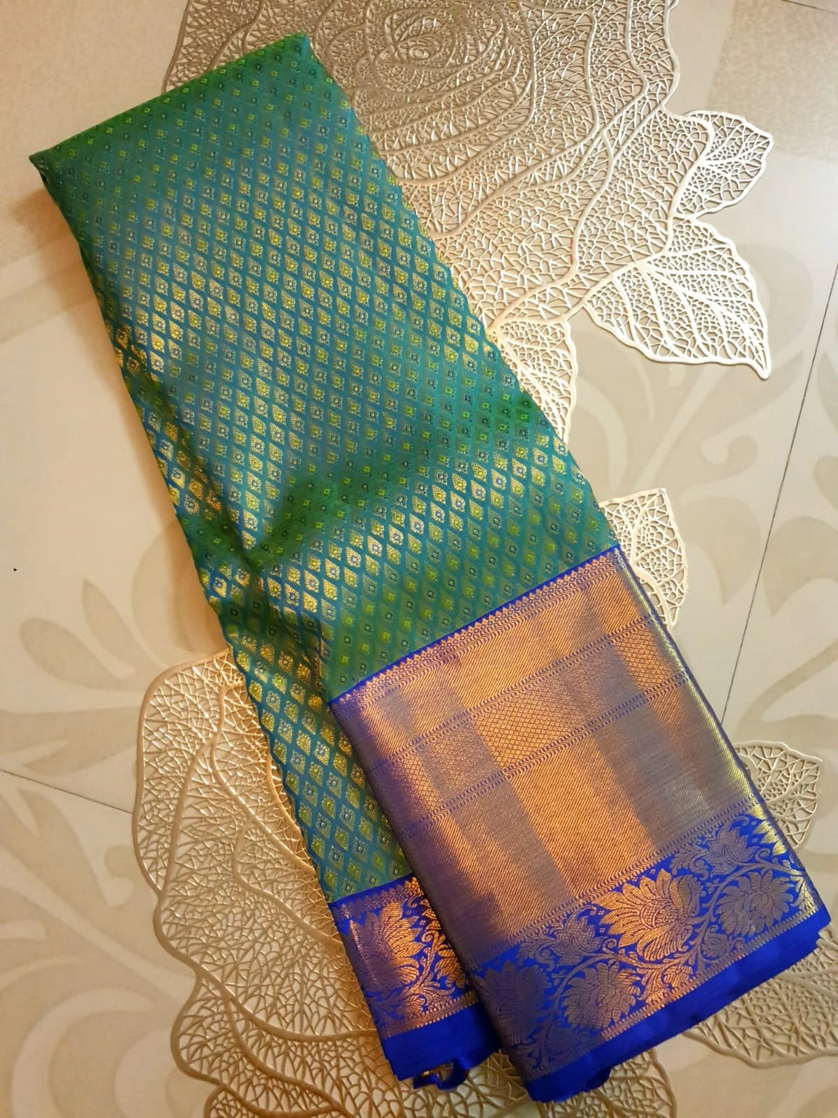 2G Pure  Kanjivaram Bridal Silk Saree with green & peacock blue| Silkmark Certified