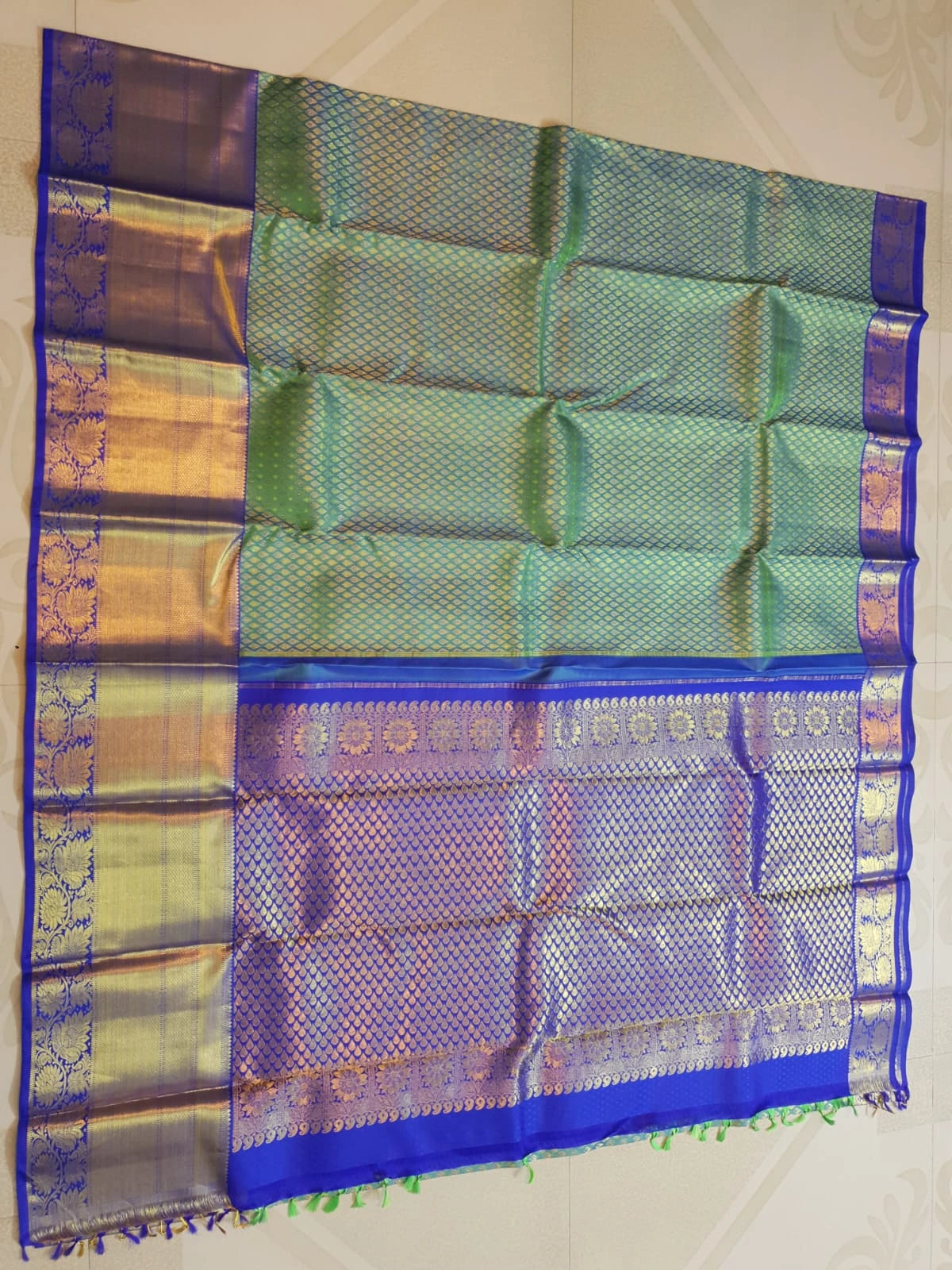 2G Pure  Kanjivaram Bridal Silk Saree with green & peacock blue| Silkmark Certified